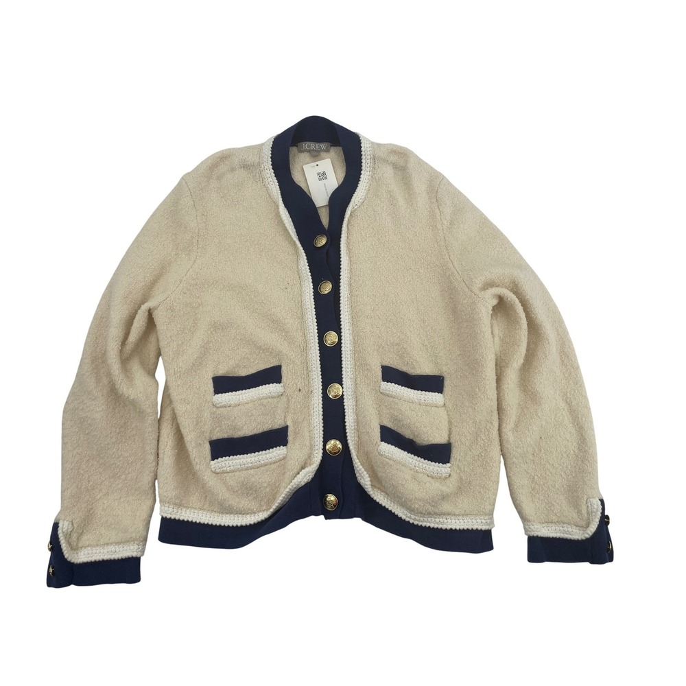 J.Crew Cardigan Sweater Large Beige Excellent Gold Crest Buttons Boucle Trim - Picture 4 of 8